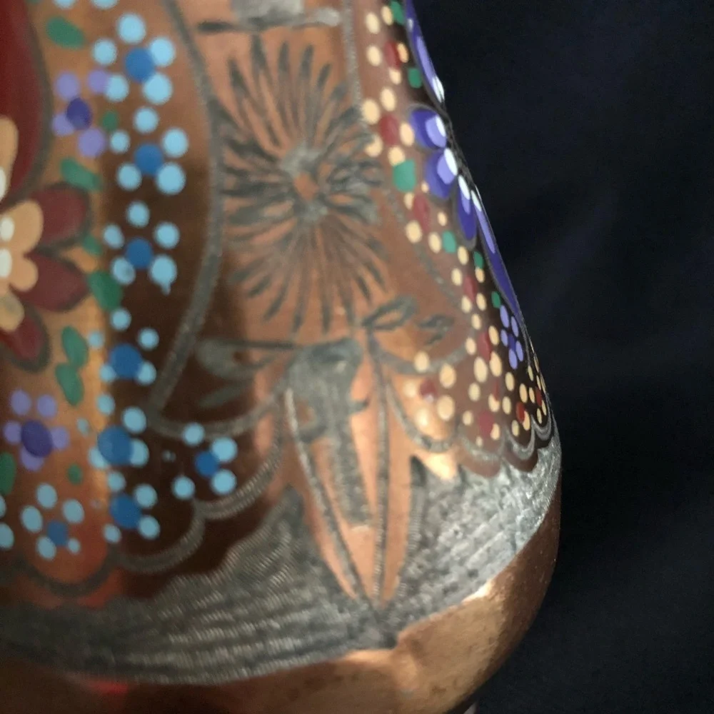 Vintage Hand Painted & Etched Copper Vase with Floral Designs